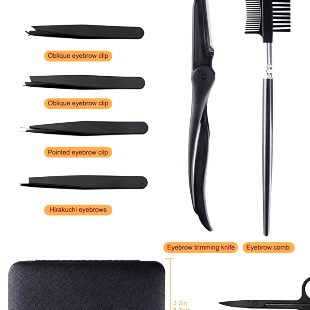 Travel case Eyebrow Kit 8 Pack, Tweezer, razor,pencil, eyebrow scissors, brush,